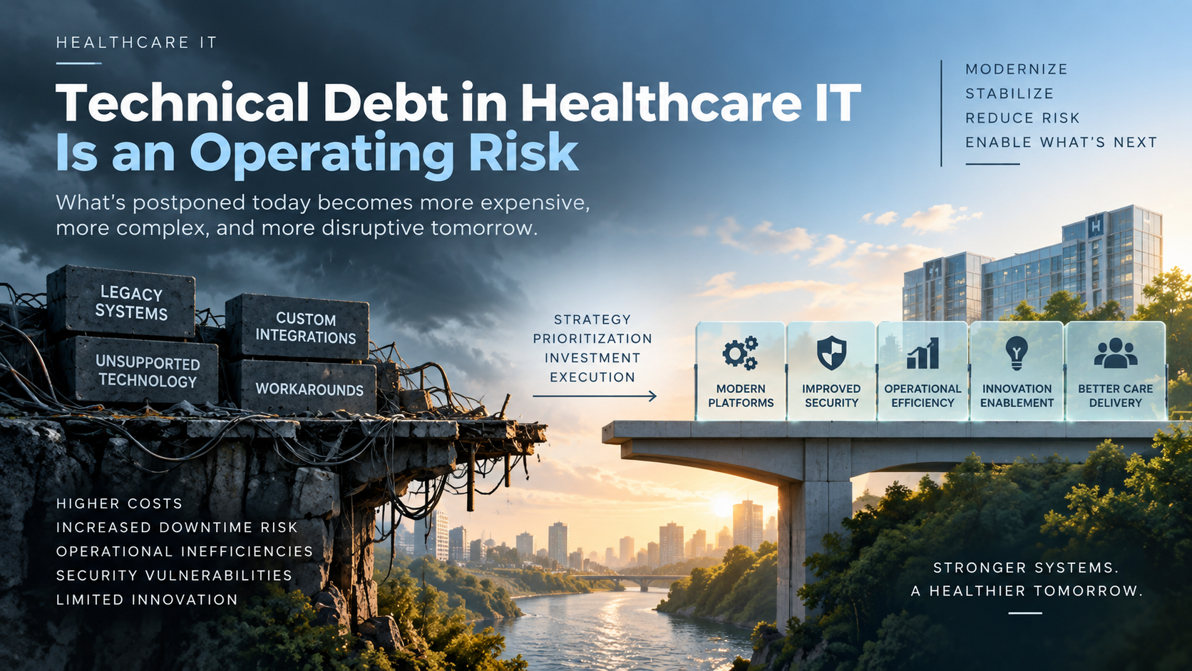 Technical debt in healthcare IT illustrated as legacy systems and operational risks transitioning toward modern, secure healthcare technology platforms